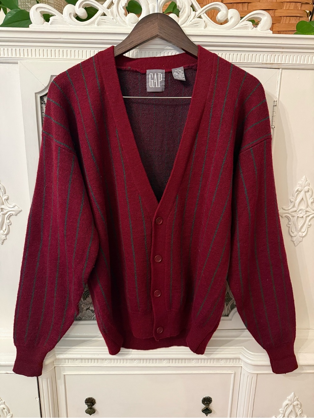 Vintage 90’s Gap Wool Button Front 
Burgundy Stripe Wool Cardigan